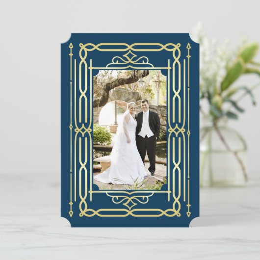 アールデコ愛と感謝してい金ゴールドブルー写真ありがとう サンキューカード (スタンド正面)