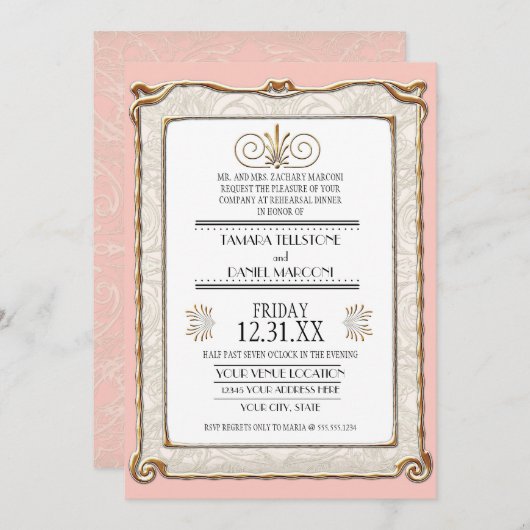 アールデコ新しいエレガント金ゴールドレース練習 招待状 (正面/裏面)