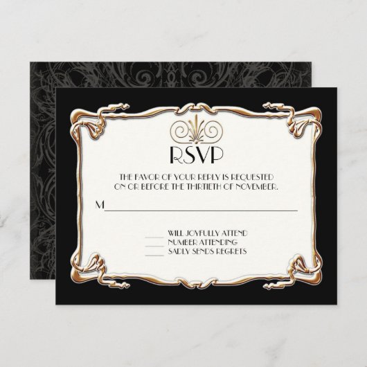 アールデコ新しいギャツビースタイル金ゴールドnレースルック 出欠カード (正面/裏面)