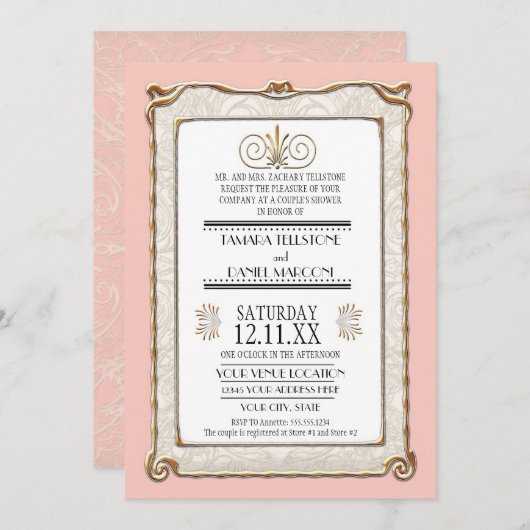 アールデコ新しいギャツビースタイル金ゴールドnレースルック 招待状 (正面/裏面)