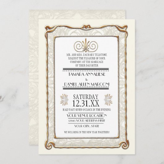 アールデコ新しいギャツビースタイル金ゴールドnレースルック 招待状 (正面/裏面)