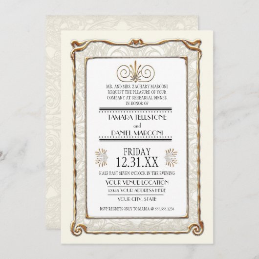アールデコ新しいギャツビー金ゴールドリハーサルディナー 招待状 (正面/裏面)