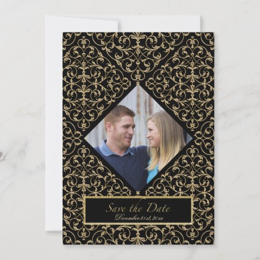 アールデコ新しいレースダマスクゴールデンカリグラフィー 招待状 (正面)