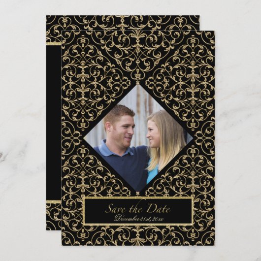 アールデコ新しいレースダマスクゴールデンカリグラフィー 招待状 (正面/裏面)