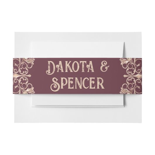 アールデコ新しい |ブルゴーニュバラ結婚金ゴールド 招待状ベリーバンド (正面例)