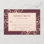 アールデコ新しい |ブルゴーニュバラ金ゴールド装飾品 出欠カード (正面)