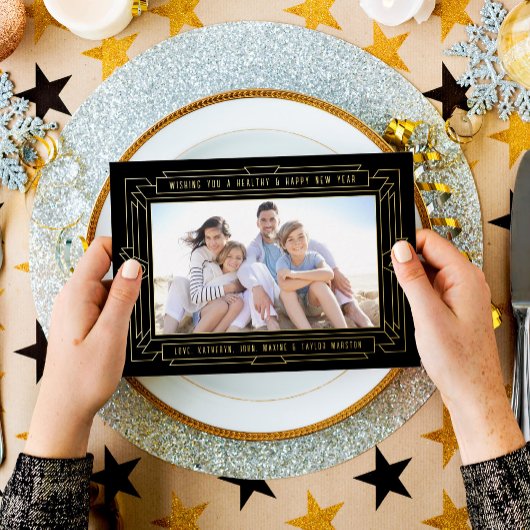 アールデコ新年フォトブラックと金ゴールド 箔シーズンカード