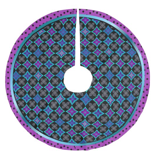 アールデコ星の花アクア、バイオレット、ブラック上の青 フリース ツリースカート (正面)