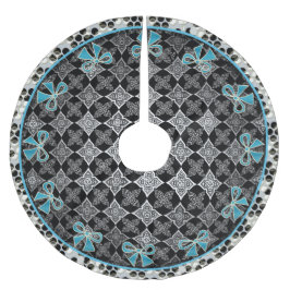 アールデコ星花ブラック – 青い弓で白 フリース ツリースカート