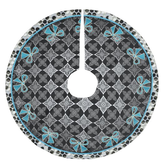 アールデコ星花ブラック – 青い弓で白 フリース ツリースカート (正面)