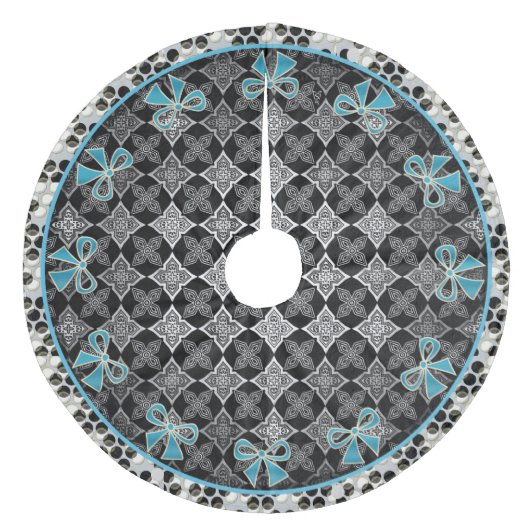 アールデコ星花ブラック – 青い弓で白 フリース ツリースカート (正面)