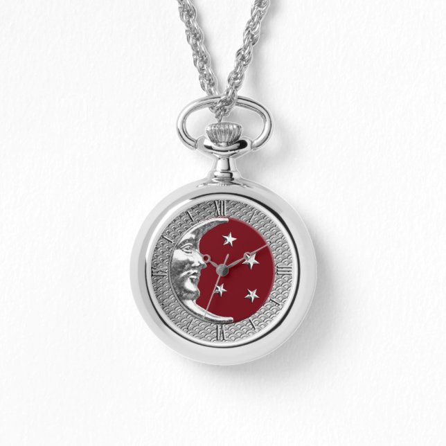 アールデコ月と星ダークレッドとシルバー 腕時計 (正面)