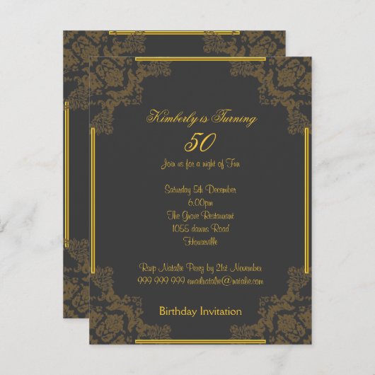 アールデコ木炭50番目の誕生日招待状 招待状 (正面/裏面)