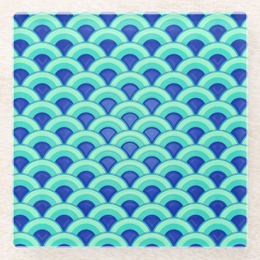 アールデコ波パターン – ターコイズとコバルト ガラスコースター (正面)