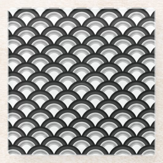 アールデコ波パターン – 白黒 ガラスコースター (正面)