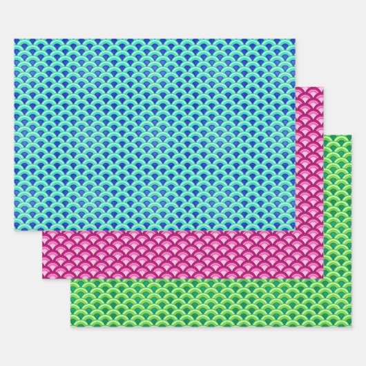 アールデコ波形パターン、アクア、マルーン、ジェードグリーン ラッピングペーパーシート (セット)