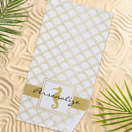 アールデコ海ウェーブパッテン金ゴールドグリッターシーホース ビーチタオル