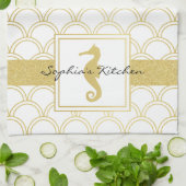 アールデコ海ウェーブ金ゴールドシーホースビーチハウス キッチンタオル (折り畳み)