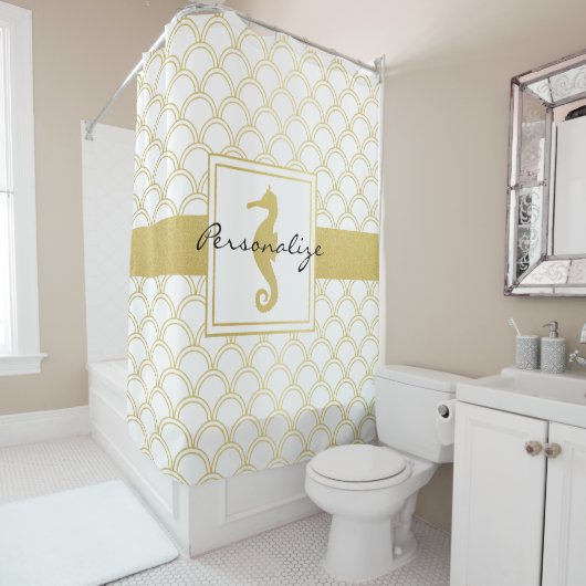 アールデコ海ウェーブ金ゴールドシーホースビーチハウス シャワーカーテン (インサイチュ)