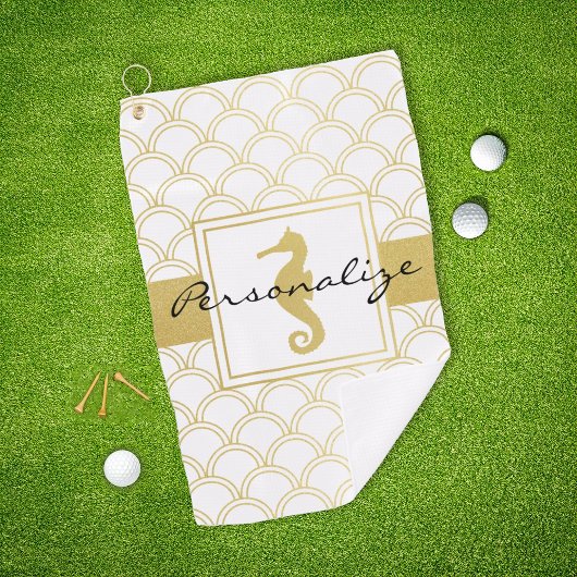 アールデコ海波模様金ゴールドグリッターシーホース ゴルフタオル