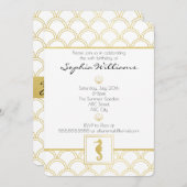 アールデコ海波金ゴールドグリッターシーホース誕生日 招待状 (正面/裏面)