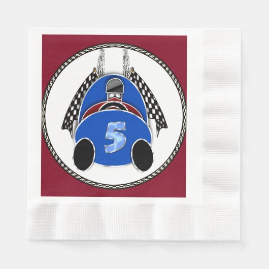 アールデコ漫画スタイルブルーレースカー 縁ありランチョンナプキン (正面)