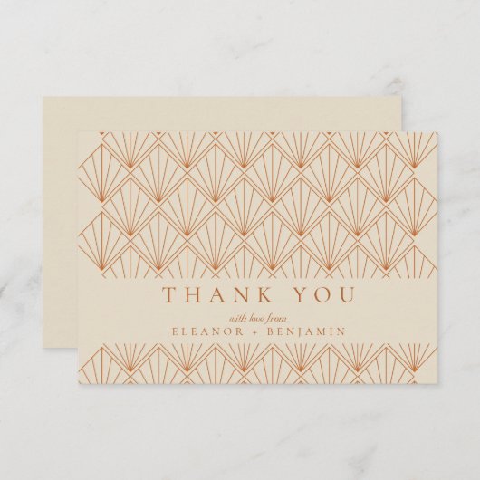 アールデコ焼けオレンジエレガント色のカスタムウェディング サンキューカード (正面/裏面)