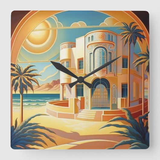 アールデコ熱帯ビーチ建築レトロヴィンテージ スクエア壁時計 (正面)