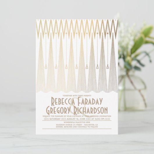 アールデコ白および金ゴールドエレガントジオメト結婚リ 招待状 (スタンド正面)