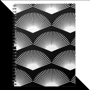 アールデコ白ファンパターン黒の背景 ノートブック