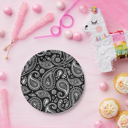 アールデコ白黒フローラペイズリーパターン ペーパープレート (パーティー)