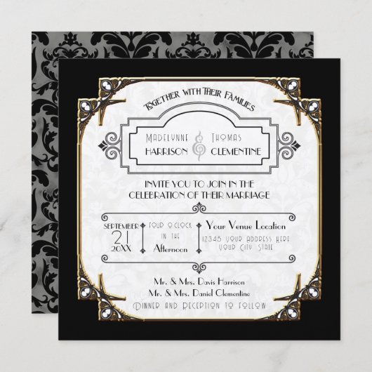 アールデコ素晴らしギャツビースタイルタイポグラフィnレース金ゴールド 招待状 (正面/裏面)