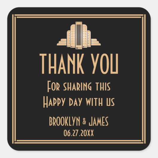 アールデコ素晴らしギャツビー黒結婚式用シール スクエアシール (正面)