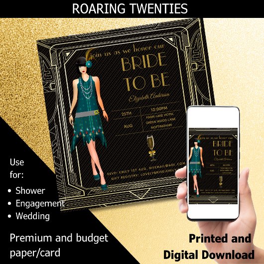 アールデコ素晴らしギャツビーRoaring 20sブライダルシャワー 招待状