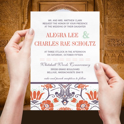 アールデコ紫とオレンジのフローラ結婚ズ 招待状