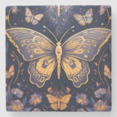 アールデコ紫モダン青金ゴールド蝶 ストーンコースター (正面)