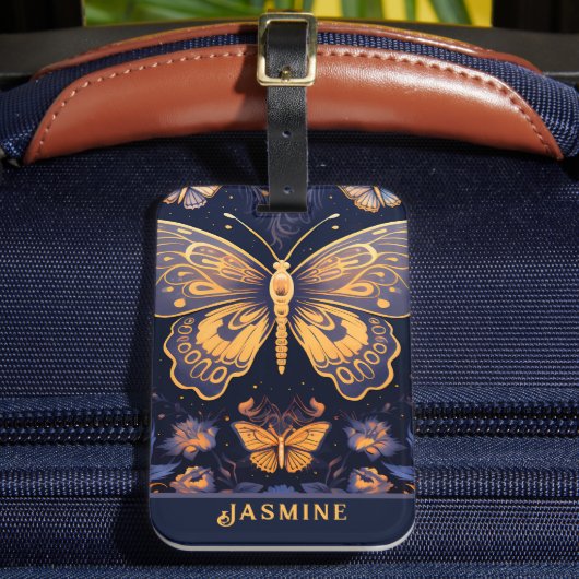 アールデコ紫モダン青金ゴールド蝶 ラゲッジタグ (正面インサイチュ2)