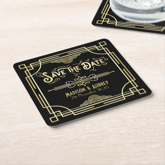 アールデコ結婚のエレガント金ゴールド黒の保存日付 スクエアペーパーコースター (アングル)