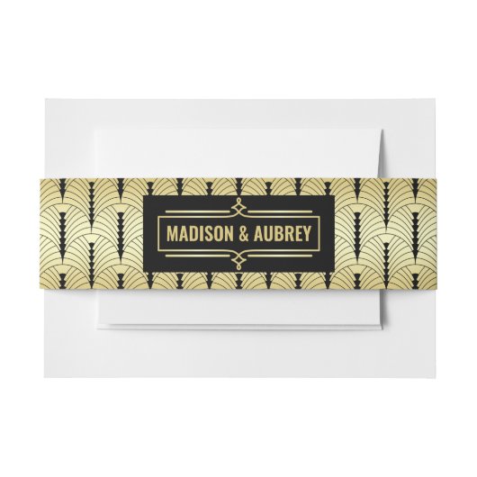 アールデコ結婚のエレガント金ゴールド黒素晴らし 招待状ベリーバンド (正面例)