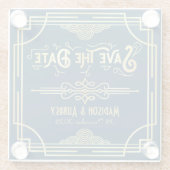 アールデコ結婚のエレガント金ゴールド・ブルー日付の保存 ガラスコースター (裏面)