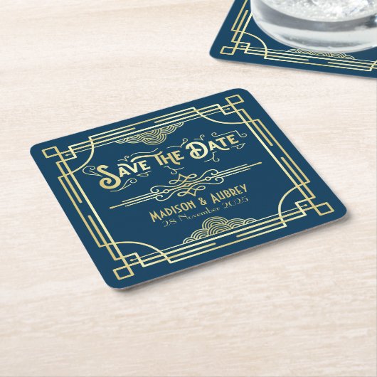 アールデコ結婚のエレガント金ゴールド・ブルー日付の保存 スクエアペーパーコースター (アングル)