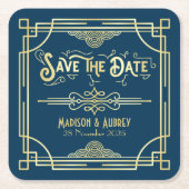 アールデコ結婚のエレガント金ゴールド・ブルー日付の保存 スクエアペーパーコースター (正面)