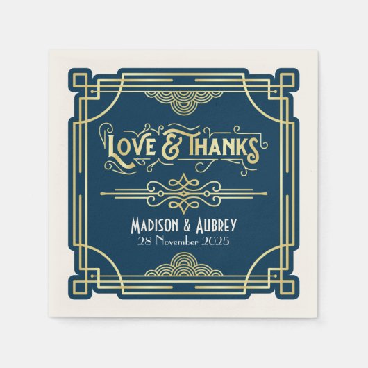 アールデコ結婚のエレガント金ゴールド・ブルー・ギャツビー スタンダードカクテルナプキン (正面)