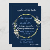 アールデコ結婚のダイヤモンドブルーとゴールドフォイルフローラ 招待状 (正面/裏面)