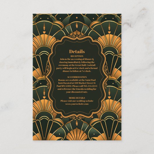 アールデコ結婚のダイヤモンド金ゴールドとグリーン エンクロージャーカード (正面)