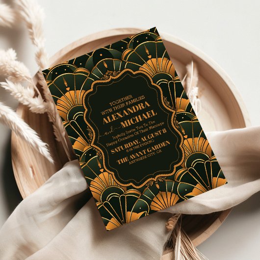 アールデコ結婚のダイヤモンド金ゴールドとグリーン 招待状