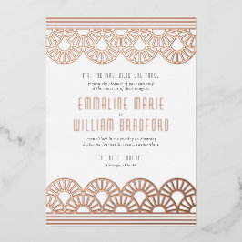 アールデコ結婚のファンホワイトローズ金ゴールド 箔招待状