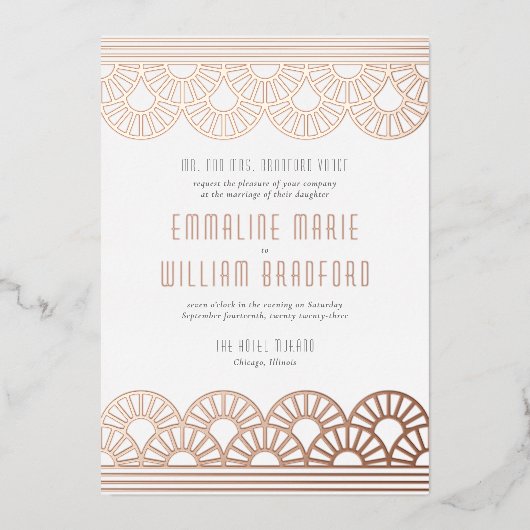 アールデコ結婚のファンホワイトローズ金ゴールド 箔招待状 (正面)