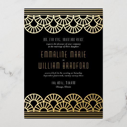 アールデコ結婚のファン金ゴールド 箔招待状 (正面)