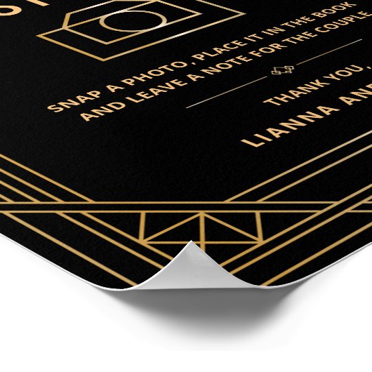 アールデコ結婚のフォトゲストブック黒金ゴールド標識 ポスター (角)